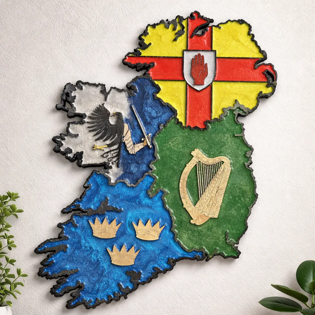 1m Tall Ireland Map Wooden & Epoxy Resin Wall Art Irish Heritage